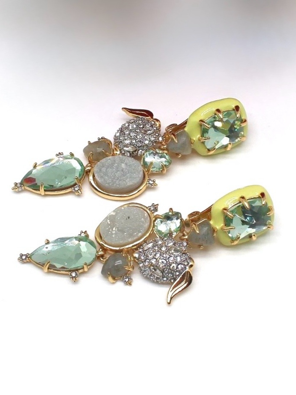 NEW Alexis Bittar Clip Lime Earrings Druzy Encrusted Gold Crystal Green JL11